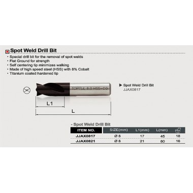 Сверло для точечной сварки 8х45мм TOPTUL JJAX0817