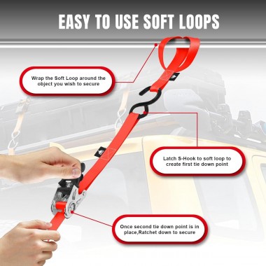 Набір стяжних ременів з храповим механізмом, S-гачками та захисними петлями (Soft Loops) 4 шт., 680 кг TORIN TRZD-RL